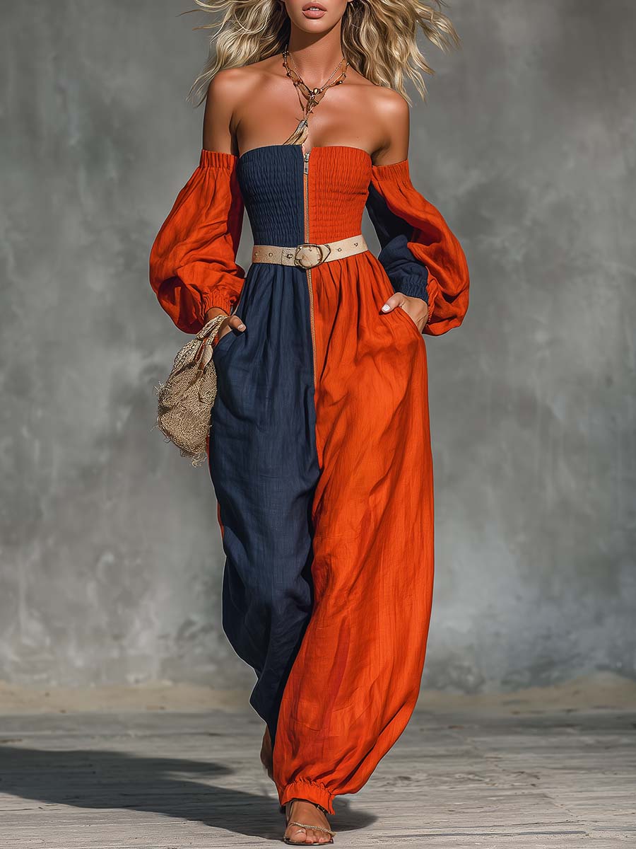 Boho Color-Block Off-Shoulder Belted Long-Sleeve Wide-Leg Cotton-Linen Jumpsuit