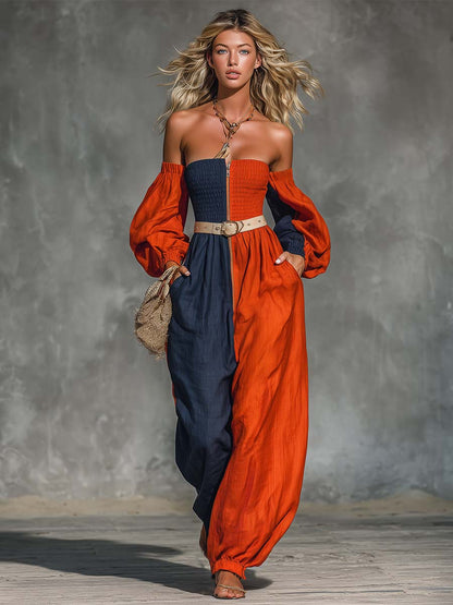 Boho Color-Block Off-Shoulder Belted Long-Sleeve Wide-Leg Cotton-Linen Jumpsuit