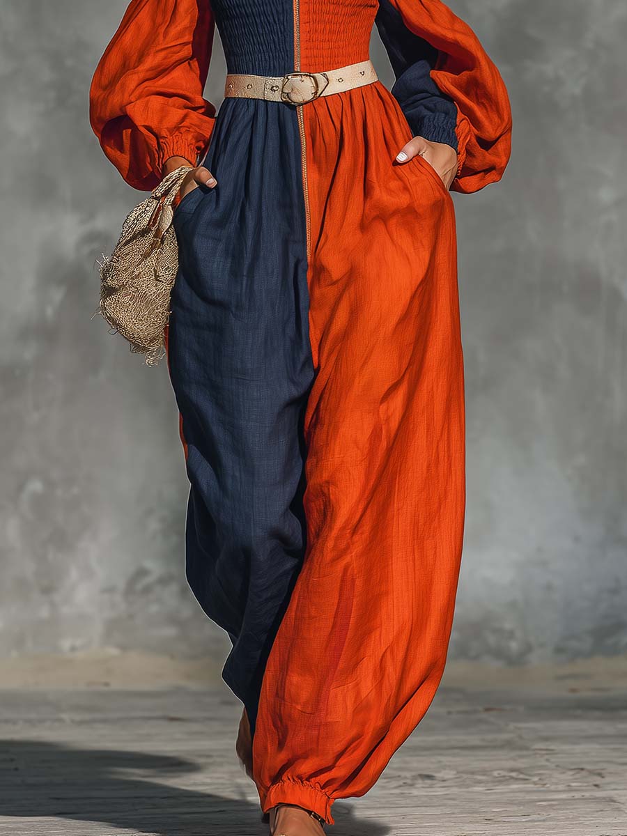 Boho Color-Block Off-Shoulder Belted Long-Sleeve Wide-Leg Cotton-Linen Jumpsuit