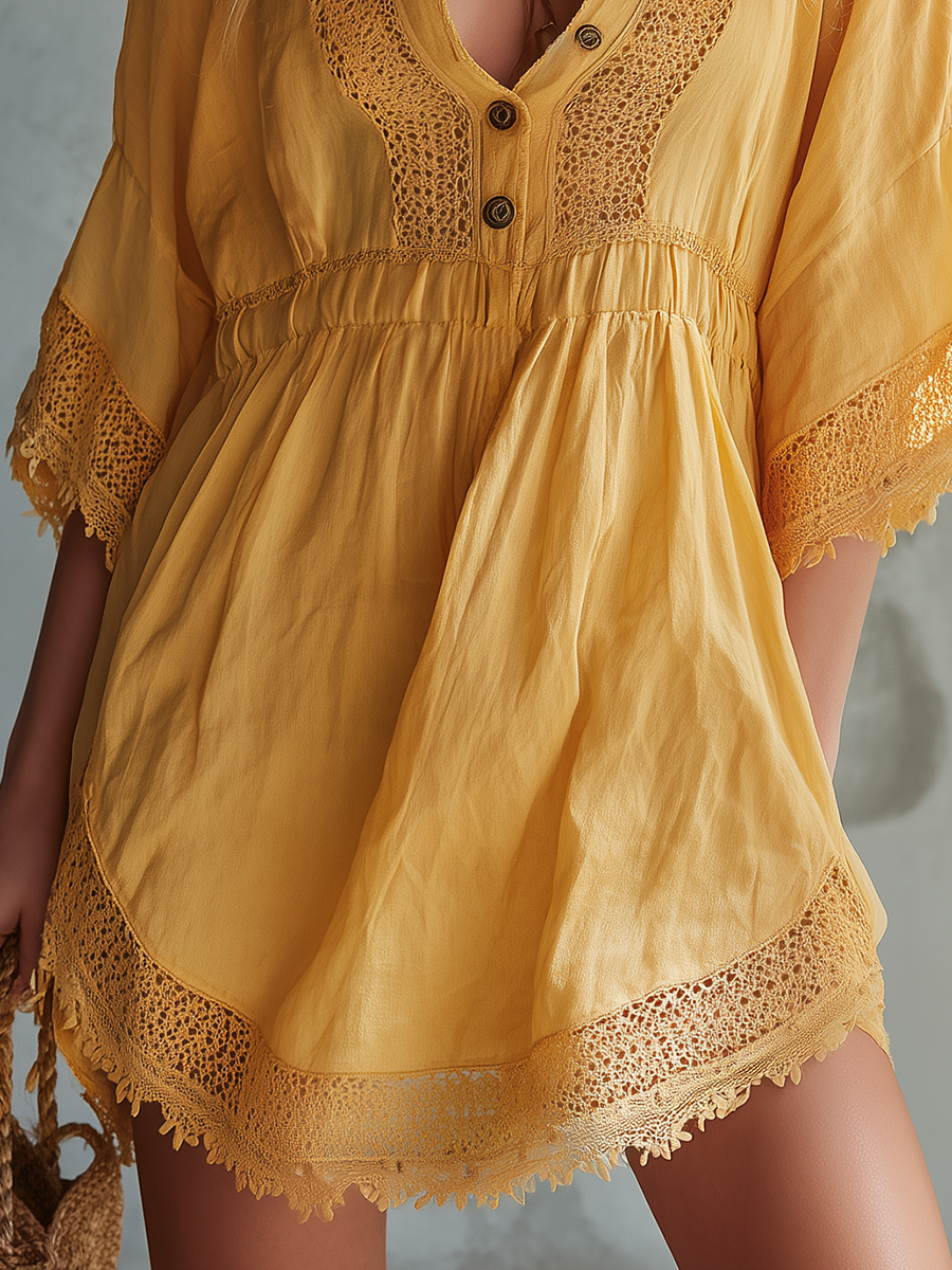 Vintage-style Casual-chic Western-inspired Lace-panel Shirt Dress