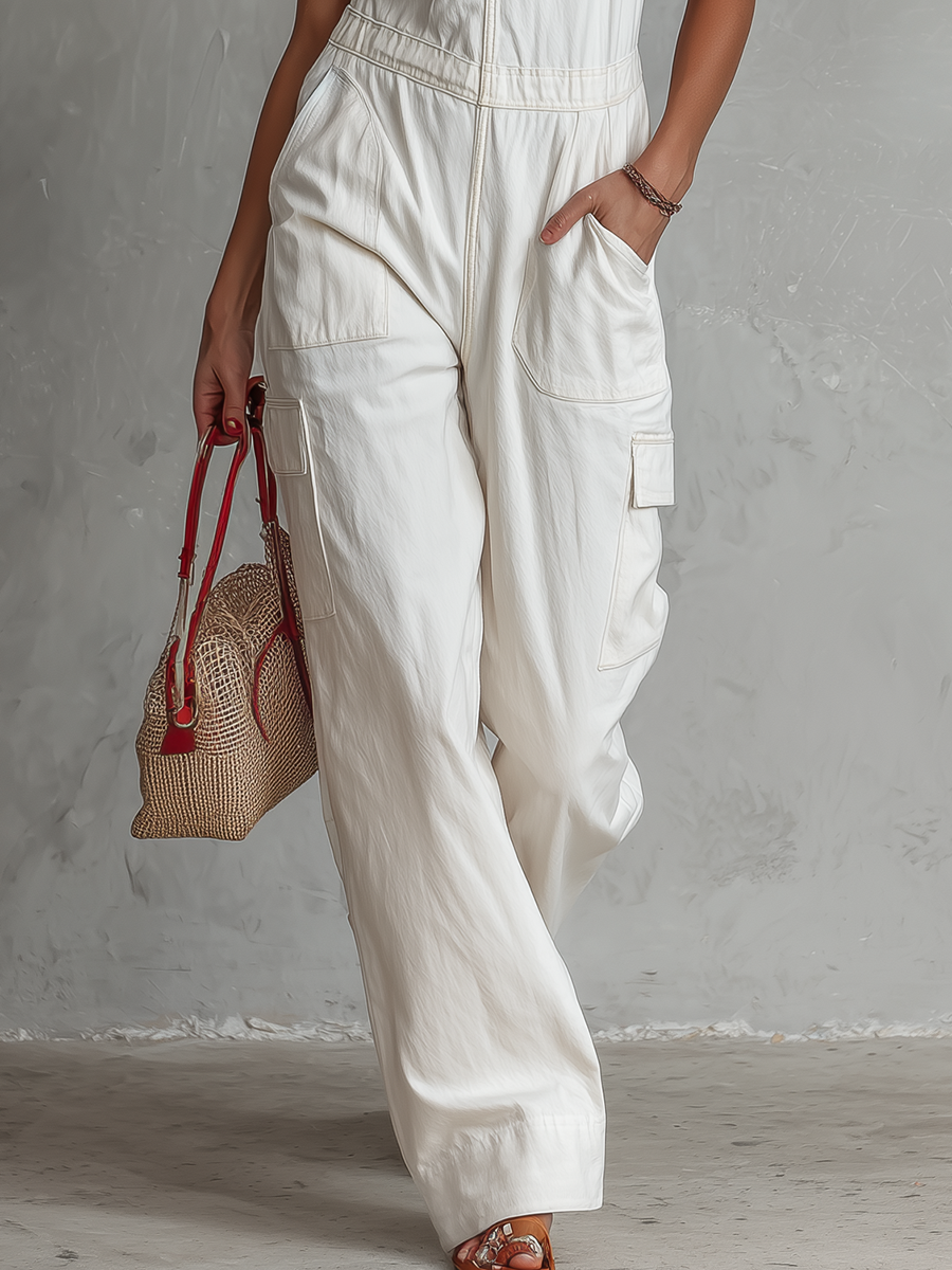 Ivory Backless Zip-up Denim Jumpsuit – Cargo Pockets Red Halter Neck Color Blocking