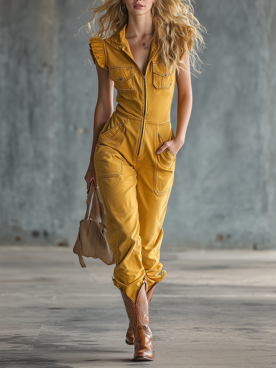 Western Zip-front Sleeveless Ruffle Denim Jumpsuit