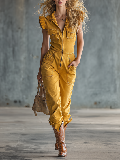 Western Zip-front Sleeveless Ruffle Denim Jumpsuit