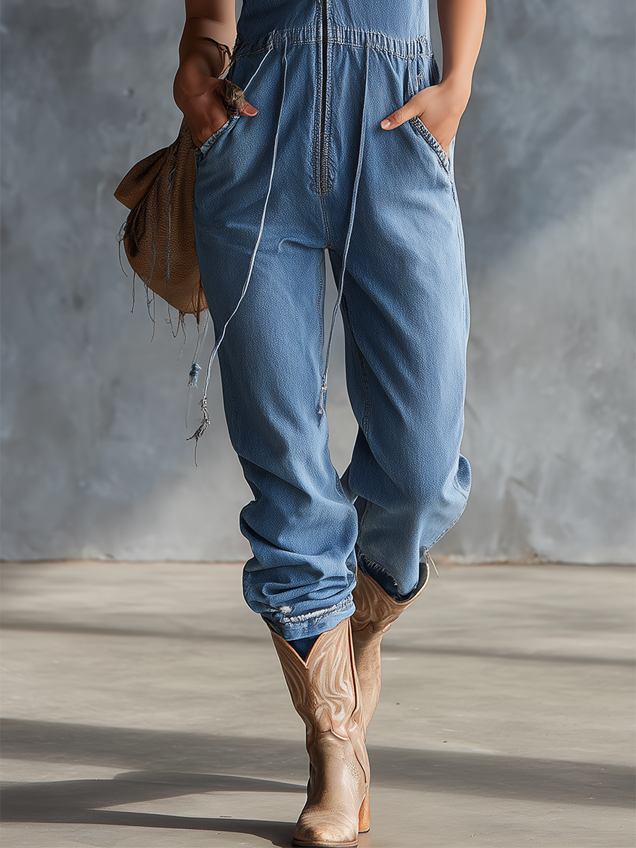 Western Hooded Zip-front Drawstring Denim Jumpsuit