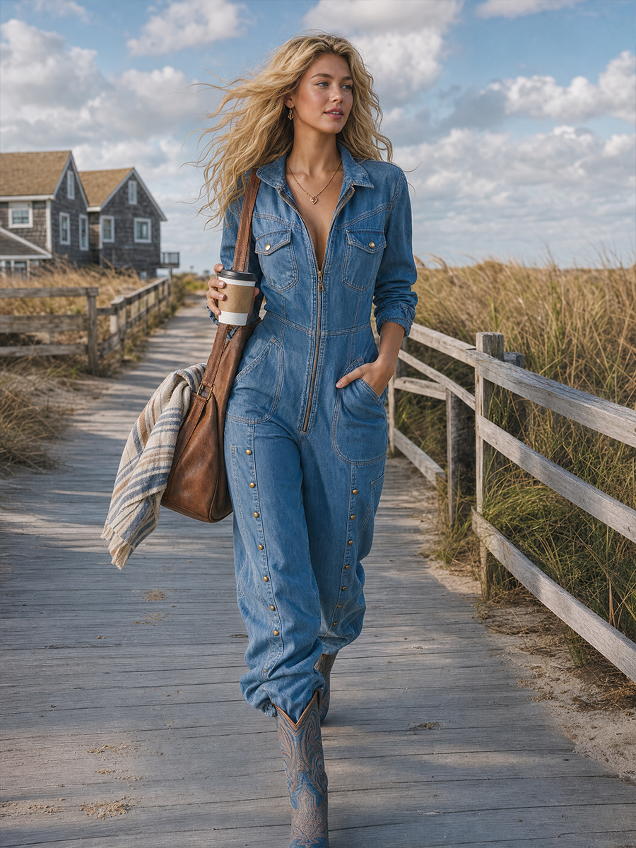 Western Zip-front Studded Denim Jumpsuit