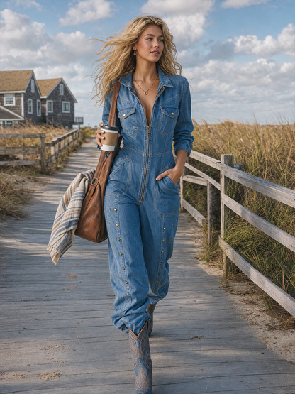 Western Zip-front Studded Denim Jumpsuit