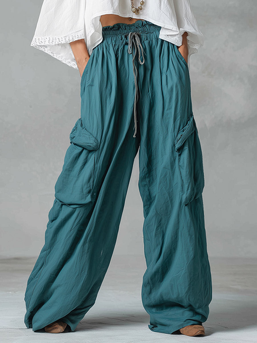 Vintage-style Boho Teal Utility Cotton-linen Trousers