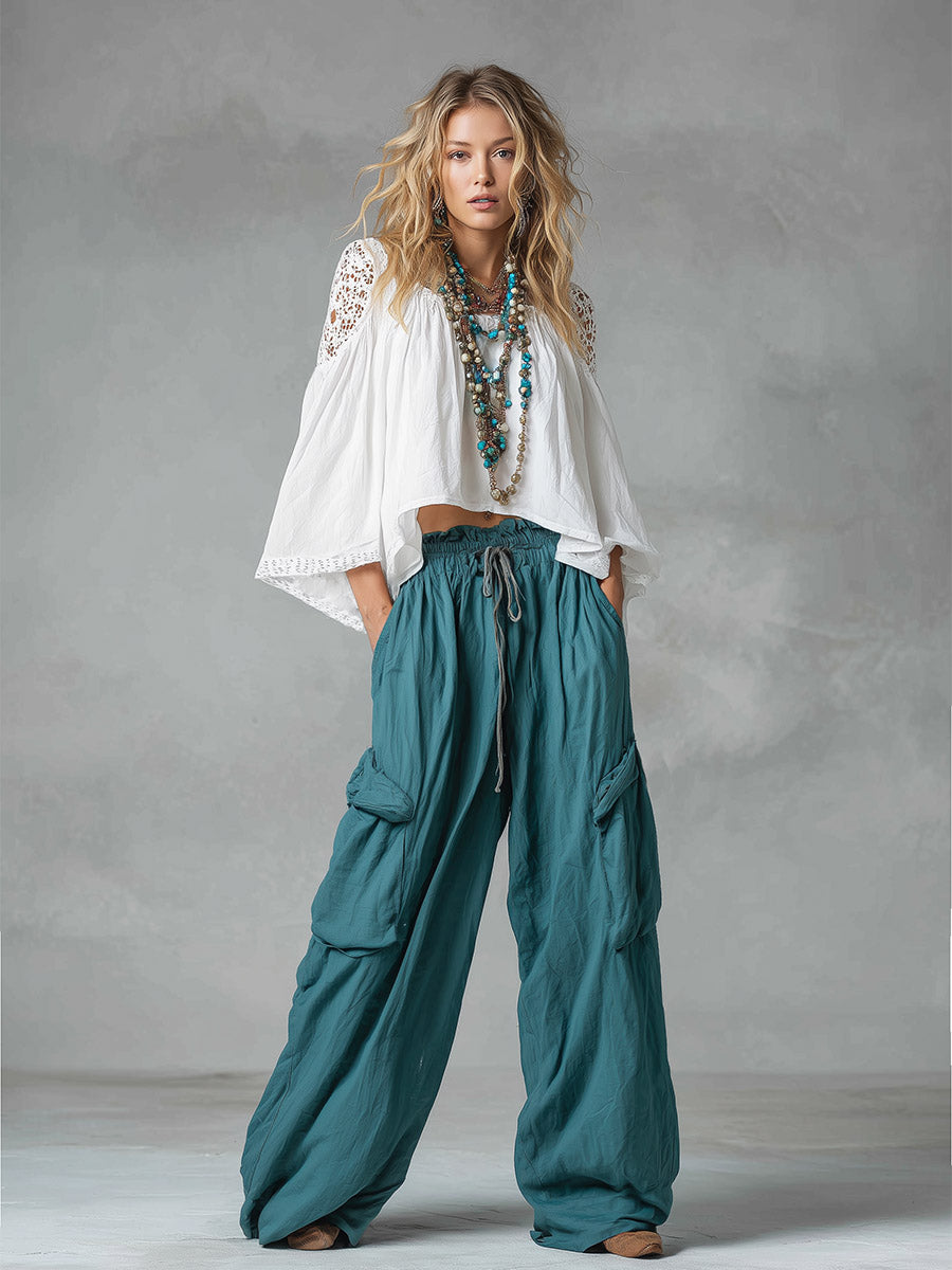 Vintage-style Boho White Cotton-linen Shirt