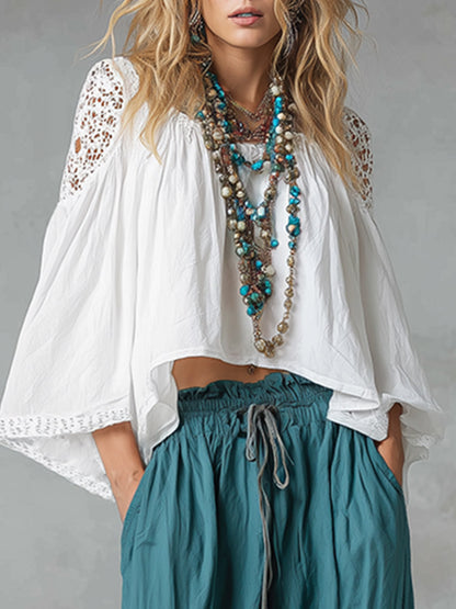 Vintage-style Boho White Cotton-linen Shirt
