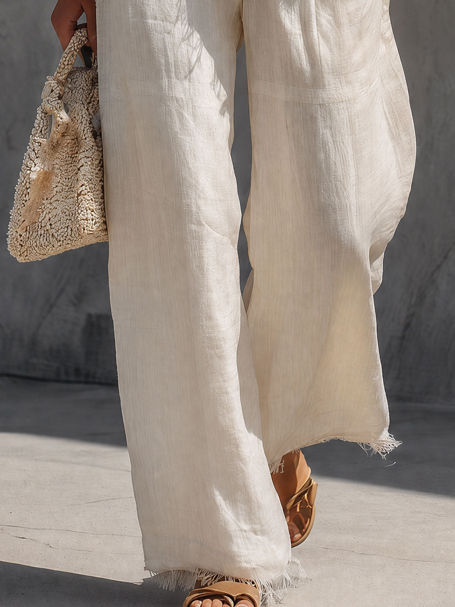 Casual Retro Off-white Hooded Fringed Cotton And Linen Shirt And Pants Set