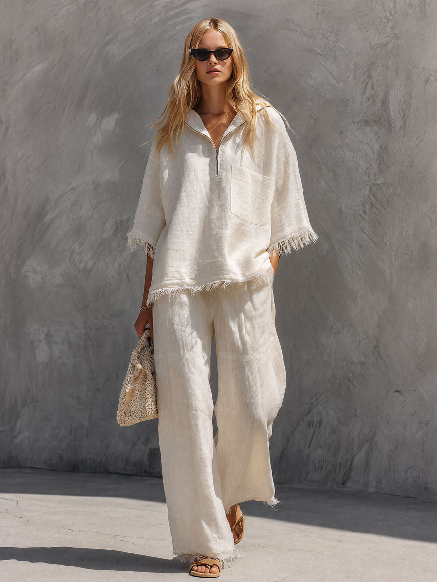 Casual Retro Off-white Hooded Fringed Cotton And Linen Shirt And Pants Set