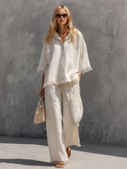 Casual Retro Off-white Hooded Fringed Cotton And Linen Shirt And Pants Set