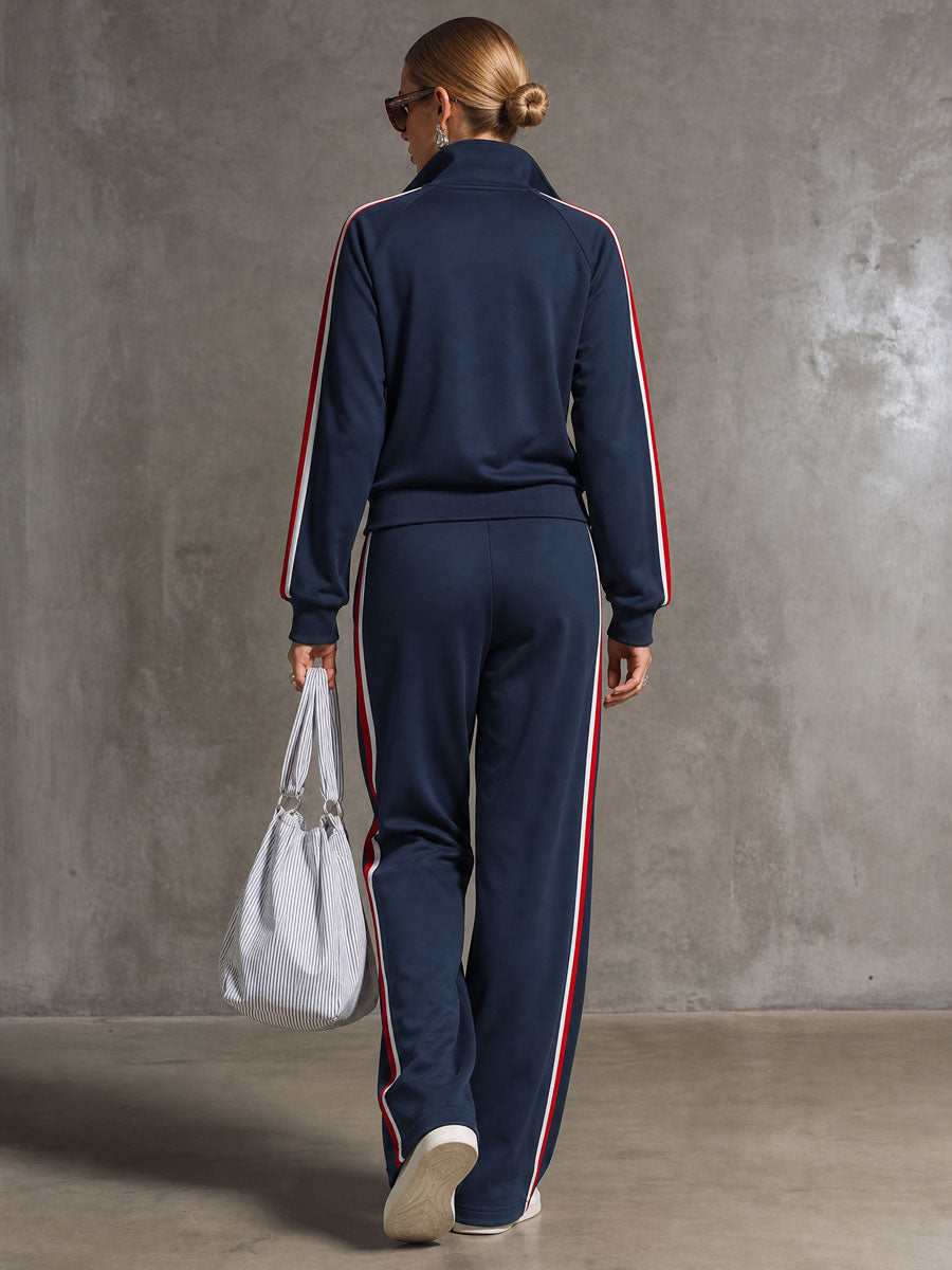 Casual Retro Sporty Embroidered Dark Blue Cotton Zipper Sweatshirt And Wide-Leg Pants Set