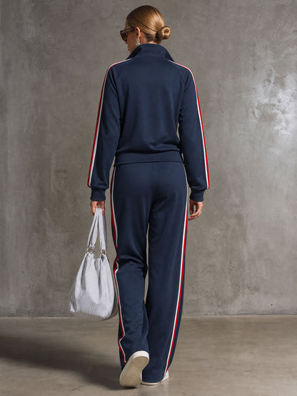Casual Retro Sporty Embroidered Dark Blue Cotton Zipper Sweatshirt And Wide-Leg Pants Set
