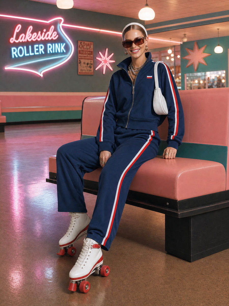 Casual Retro Sporty Embroidered Dark Blue Cotton Zipper Sweatshirt And Wide-Leg Pants Set