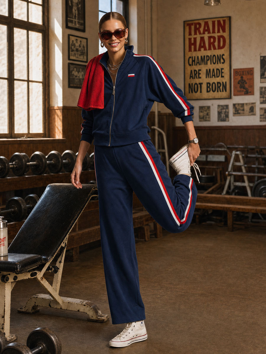 Casual Retro Sporty Embroidered Dark Blue Cotton Zipper Sweatshirt And Wide-Leg Pants Set
