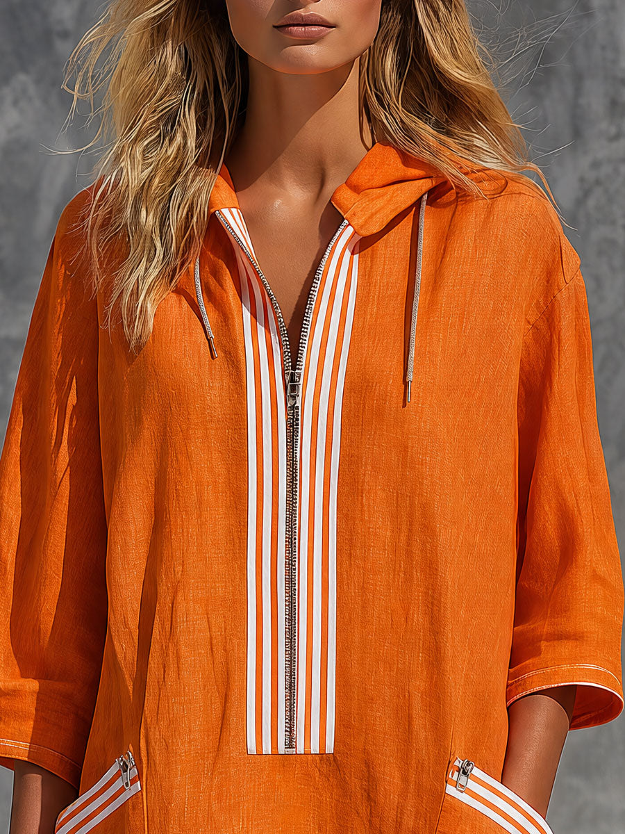 Casual Retro Tassel Orange Hooded Three-quarter Sleeve Cotton Linen Midi Dress