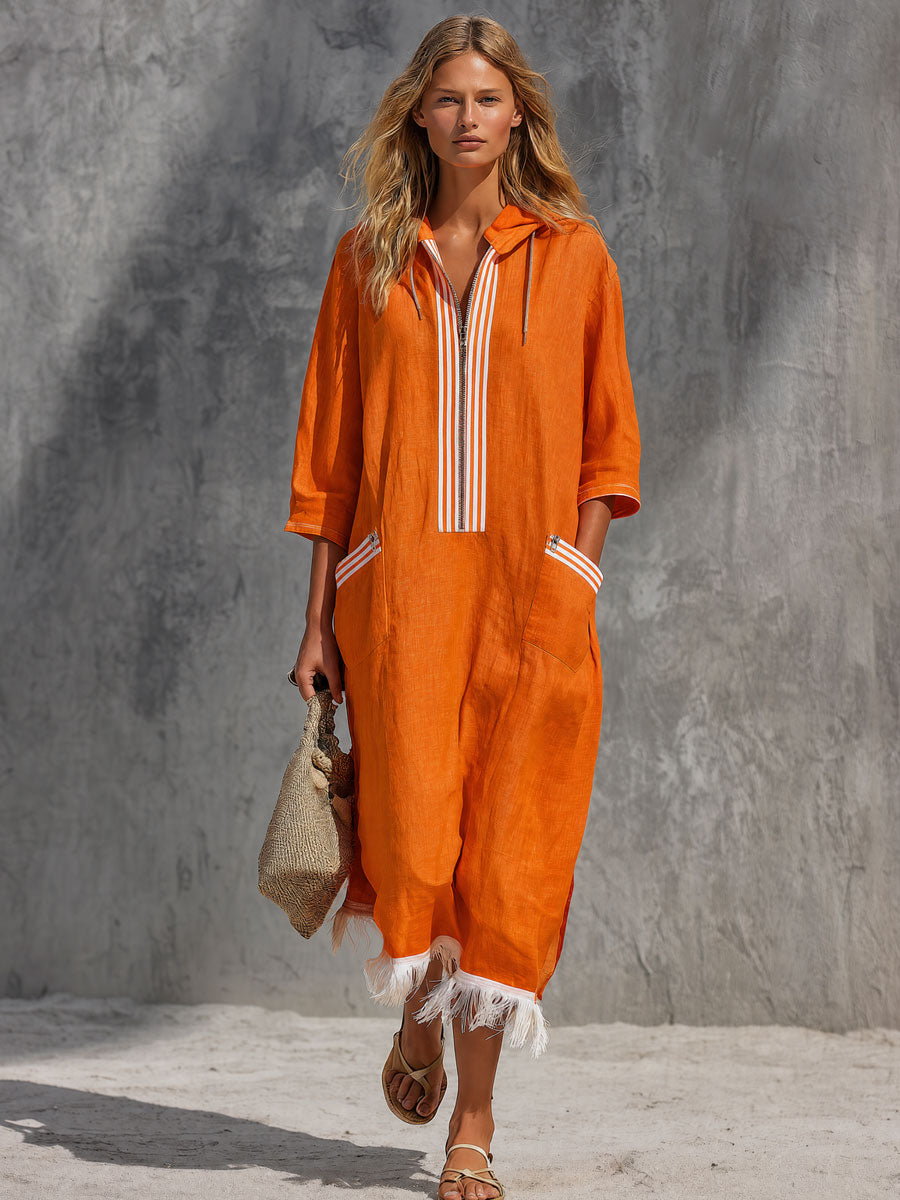 Casual Retro Tassel Orange Hooded Three-quarter Sleeve Cotton Linen Midi Dress