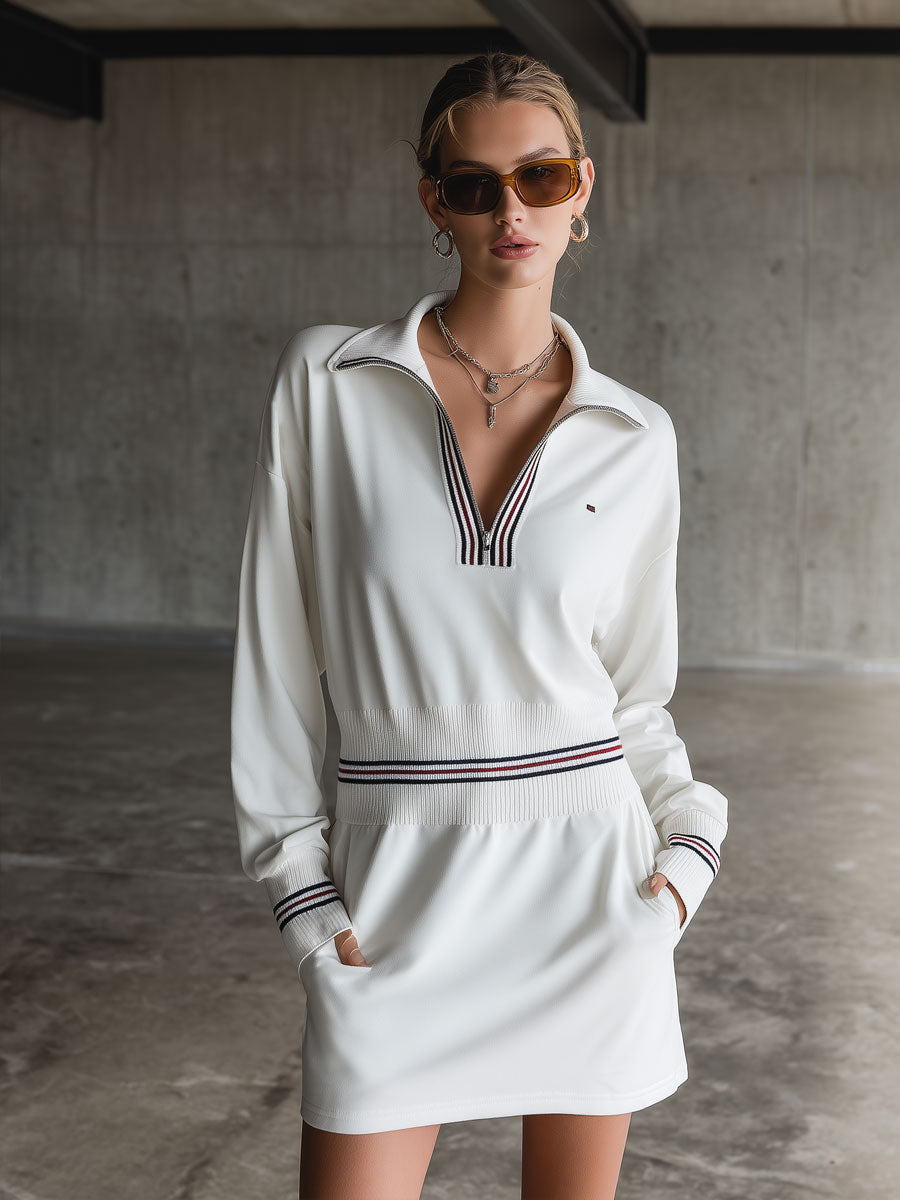 Casual Retro Sporty Embroidered Half-zip White Cotton Long-sleeved Mini Dress