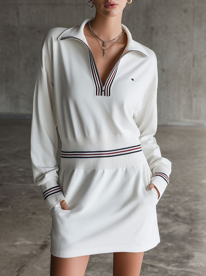 Casual Retro Sporty Embroidered Half-zip White Cotton Long-sleeved Mini Dress