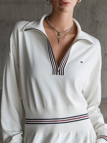 Casual Retro Sporty Embroidered Half-zip White Cotton Long-sleeved Mini Dress