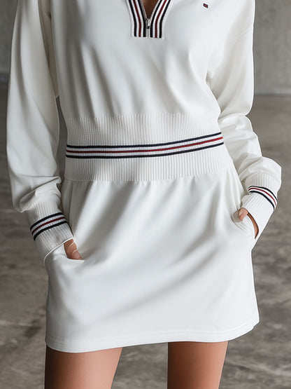 Casual Retro Sporty Embroidered Half-zip White Cotton Long-sleeved Mini Dress