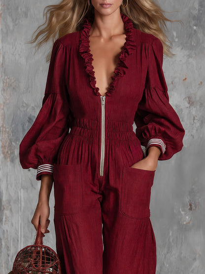 Retro Elegant Red Ruffled V-neck Lantern Sleeve Cotton And Linen Jumpsuit