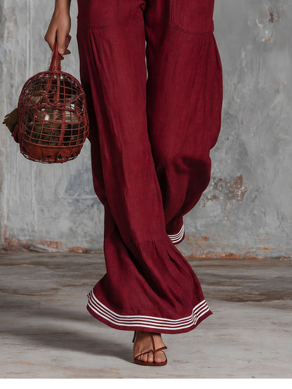 Retro Elegant Red Ruffled V-neck Lantern Sleeve Cotton And Linen Jumpsuit