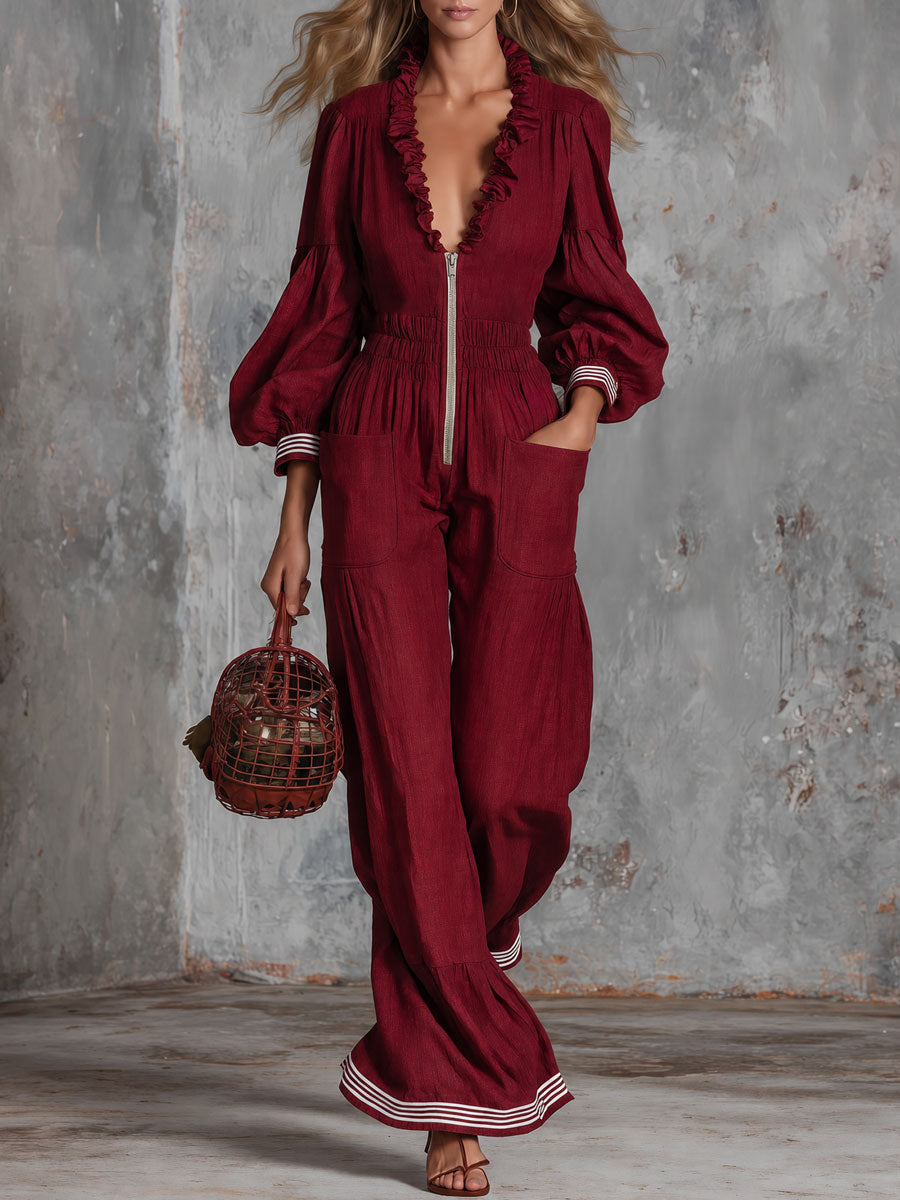 Retro Elegant Red Ruffled V-neck Lantern Sleeve Cotton And Linen Jumpsuit