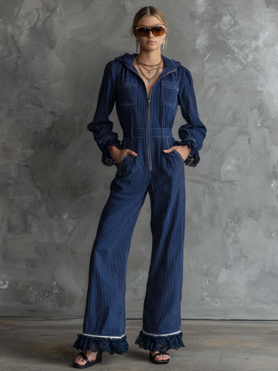 Fashionable Retro Lace-trimmed Dark Blue Striped Zip-up Hooded Jumpsuit