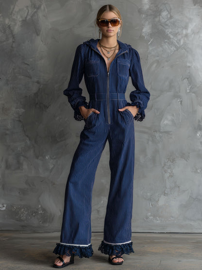 Fashionable Retro Lace-trimmed Dark Blue Striped Zip-up Hooded Jumpsuit