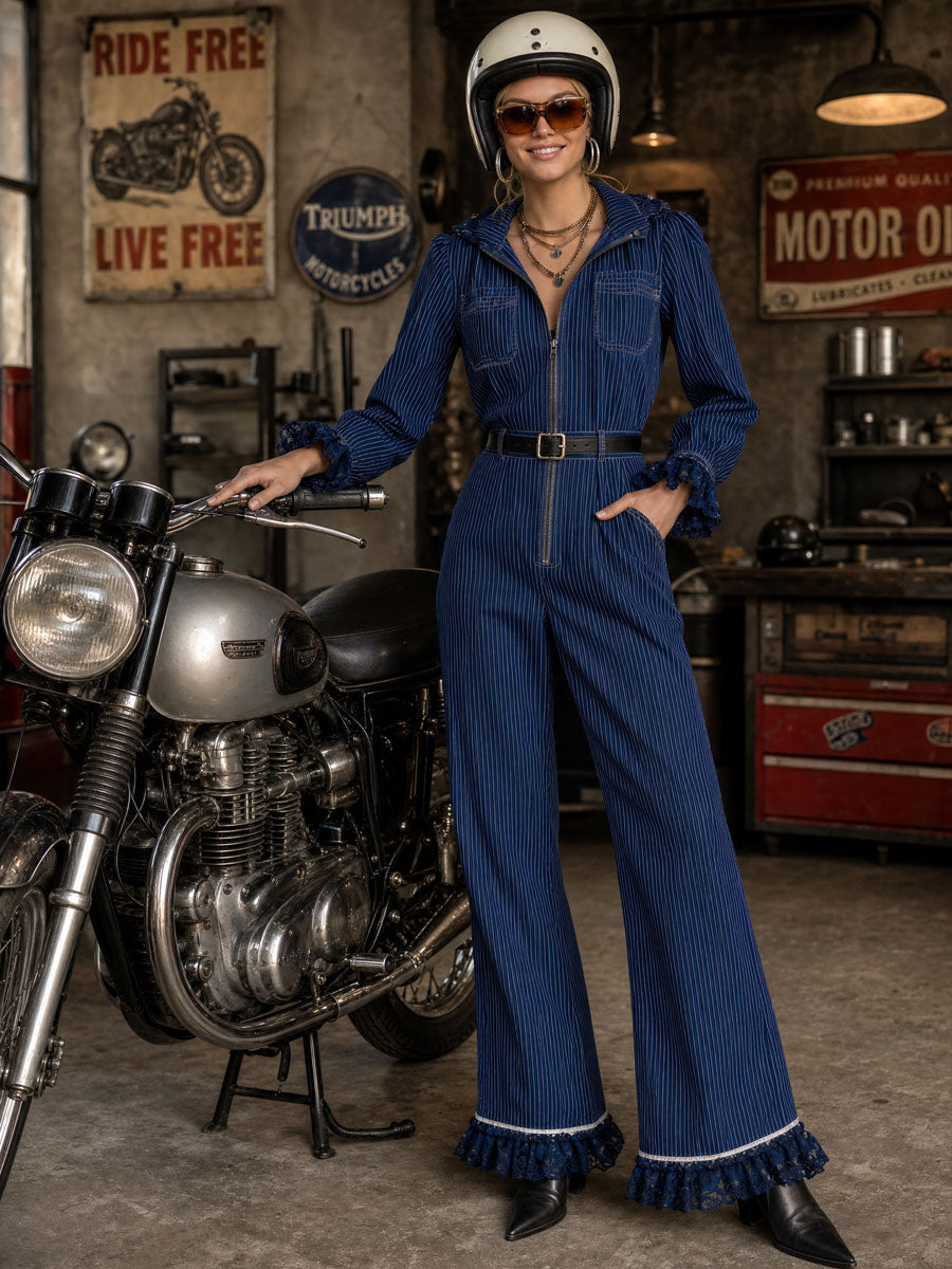 Fashionable Retro Lace-trimmed Dark Blue Striped Zip-up Hooded Jumpsuit