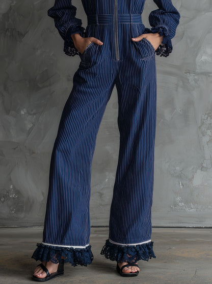 Fashionable Retro Lace-trimmed Dark Blue Striped Zip-up Hooded Jumpsuit