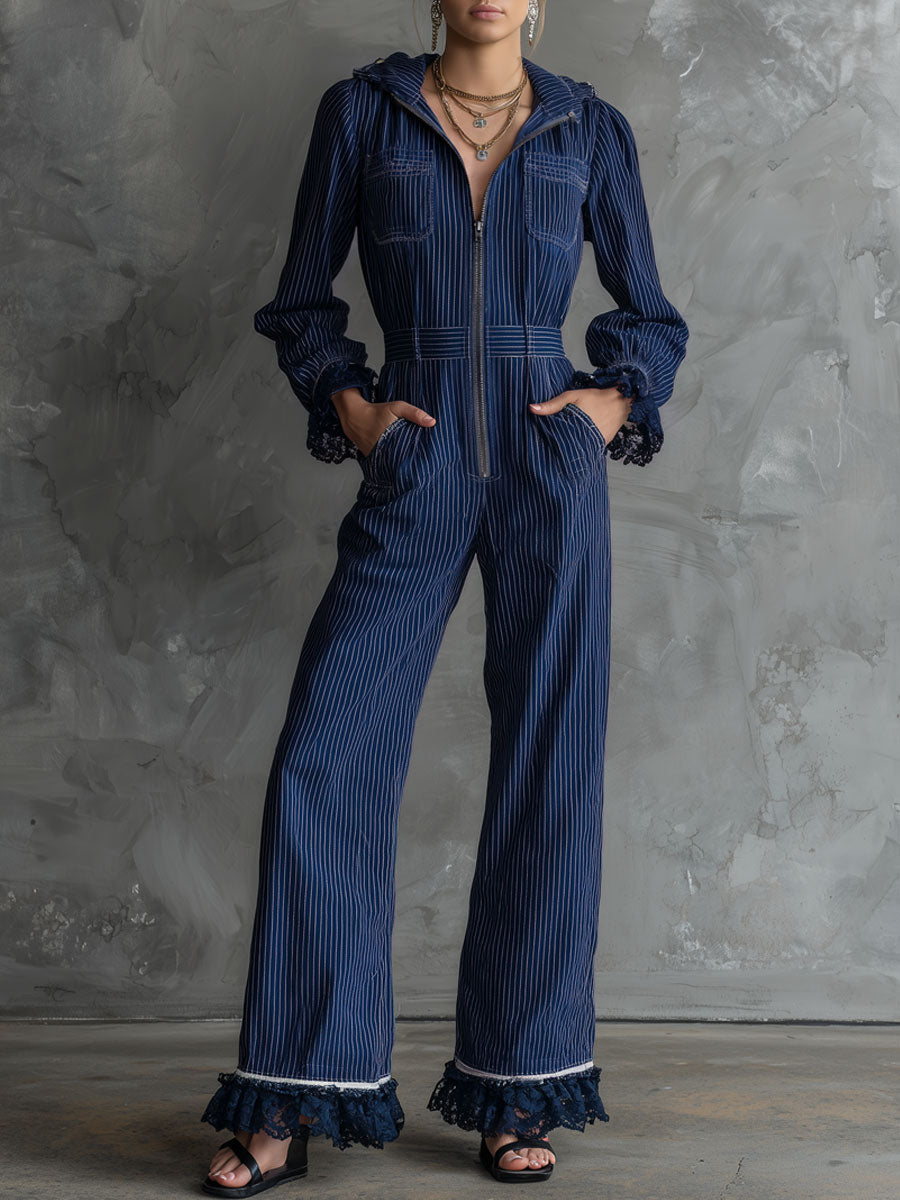 Fashionable Retro Lace-trimmed Dark Blue Striped Zip-up Hooded Jumpsuit