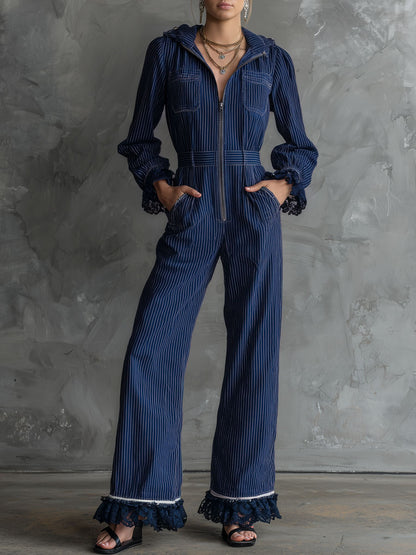 Fashionable Retro Lace-trimmed Dark Blue Striped Zip-up Hooded Jumpsuit