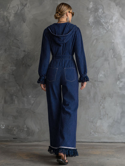 Fashionable Retro Lace-trimmed Dark Blue Striped Zip-up Hooded Jumpsuit