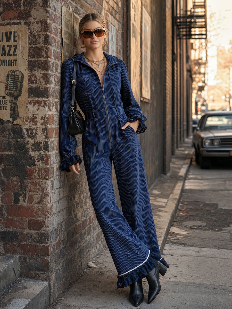 Fashionable Retro Lace-trimmed Dark Blue Striped Zip-up Hooded Jumpsuit