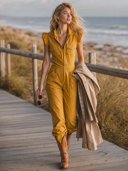 Western Zip-front Sleeveless Ruffle Denim Jumpsuit