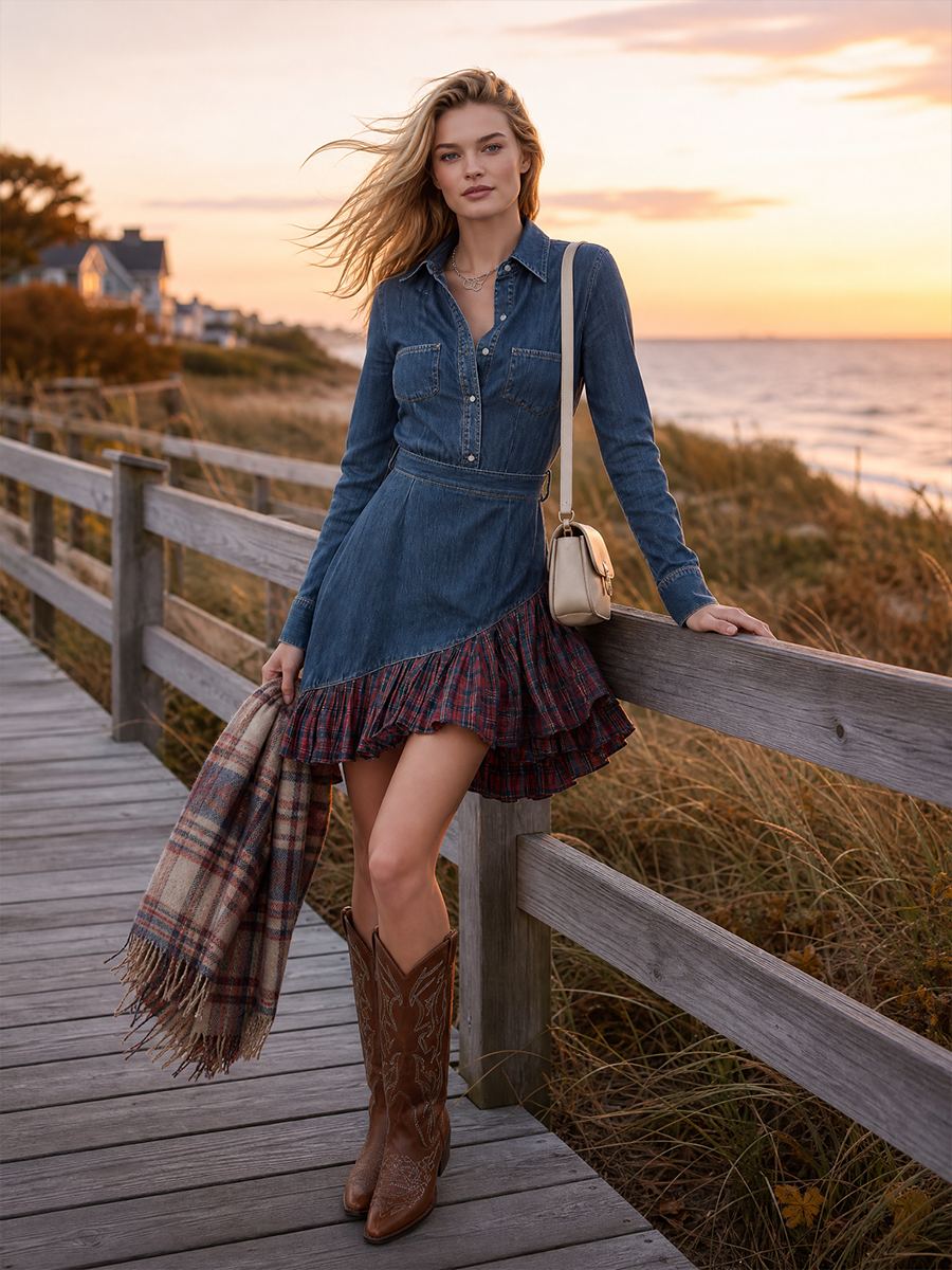 Vintage Plaid Diagonal-panel Denim Dress