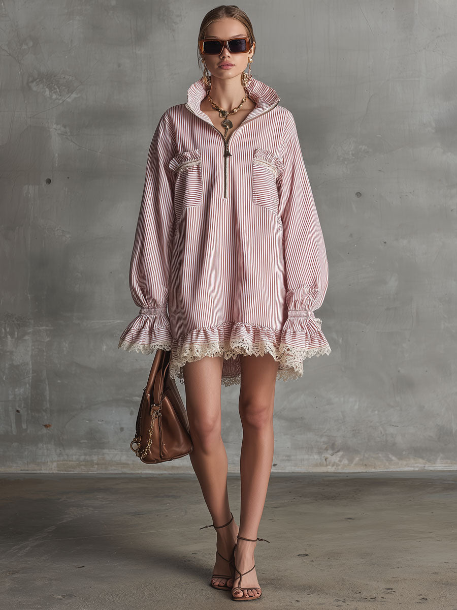 Fashionable Retro Lace Ruffle Half-zip Pink Striped Long-sleeved Mini Dress