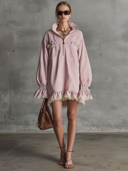 Fashionable Retro Lace Ruffle Half-zip Pink Striped Long-sleeved Mini Dress