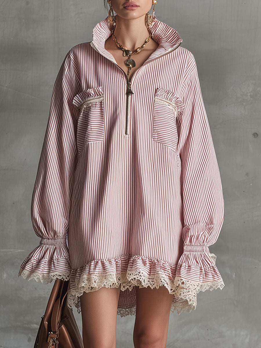 Fashionable Retro Lace Ruffle Half-zip Pink Striped Long-sleeved Mini Dress