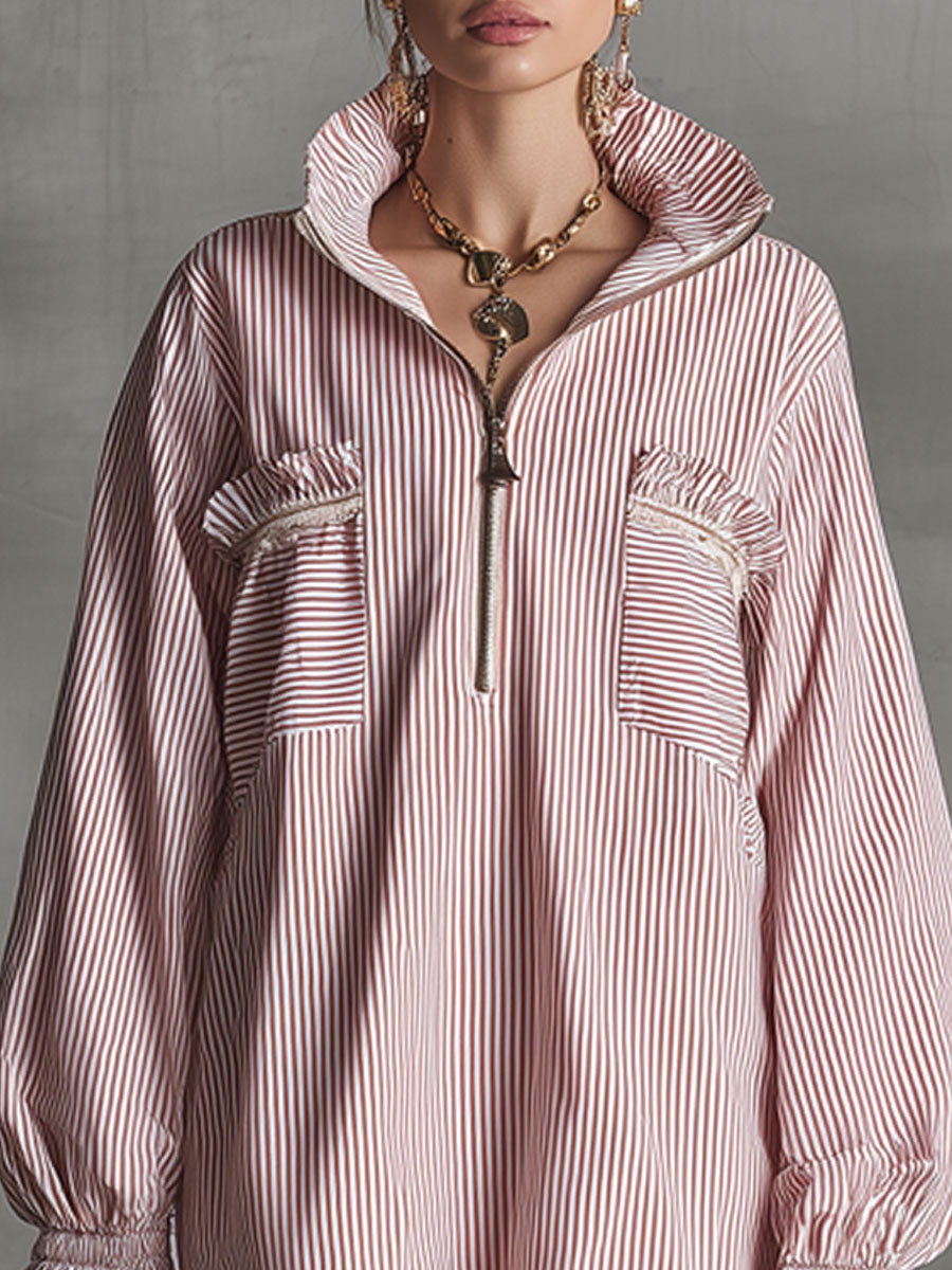 Fashionable Retro Lace Ruffle Half-zip Pink Striped Long-sleeved Mini Dress