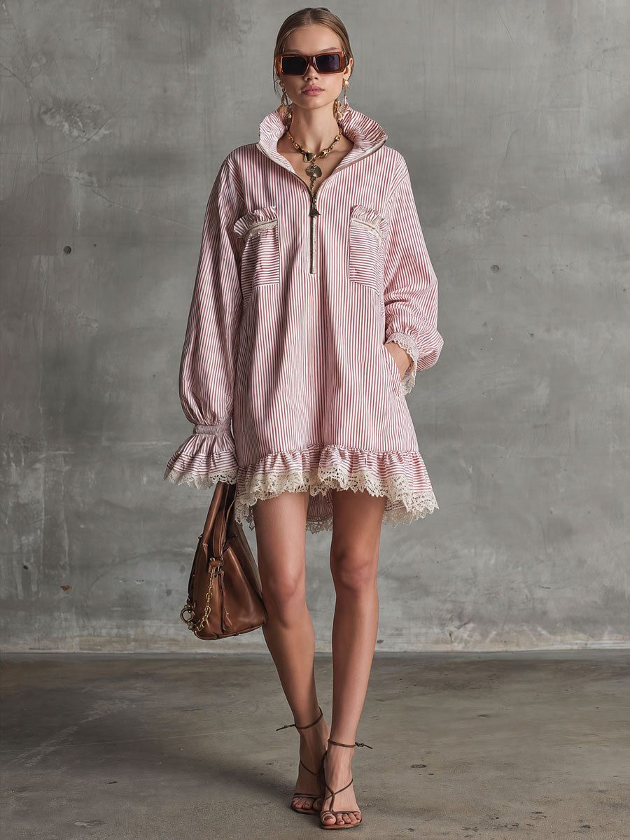 Fashionable Retro Lace Ruffle Half-zip Pink Striped Long-sleeved Mini Dress