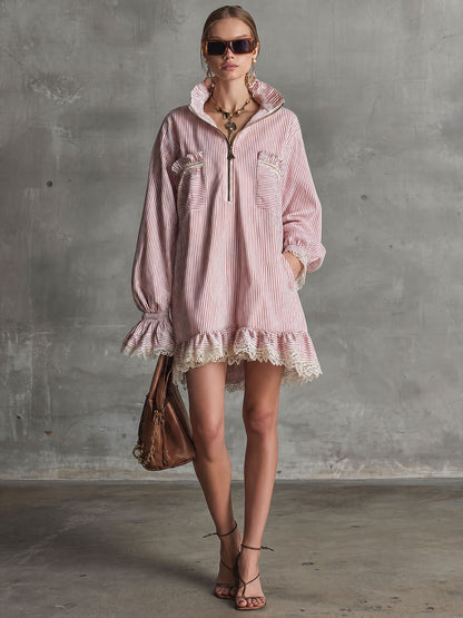 Fashionable Retro Lace Ruffle Half-zip Pink Striped Long-sleeved Mini Dress