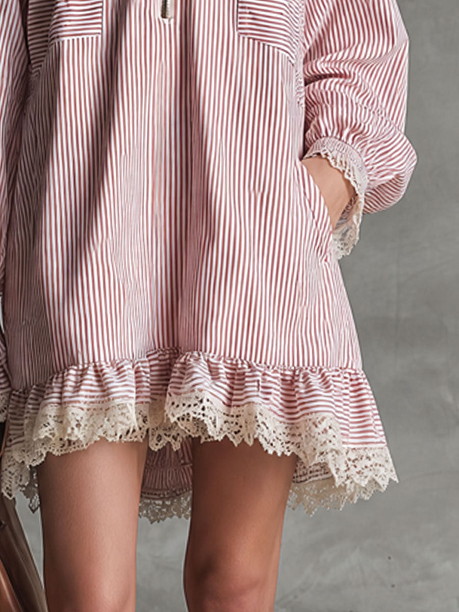 Fashionable Retro Lace Ruffle Half-zip Pink Striped Long-sleeved Mini Dress