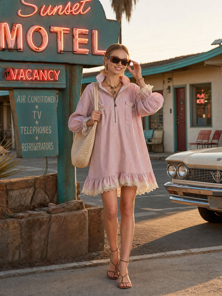 Fashionable Retro Lace Ruffle Half-zip Pink Striped Long-sleeved Mini Dress