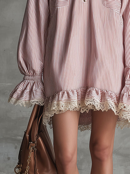 Fashionable Retro Lace Ruffle Half-zip Pink Striped Long-sleeved Mini Dress