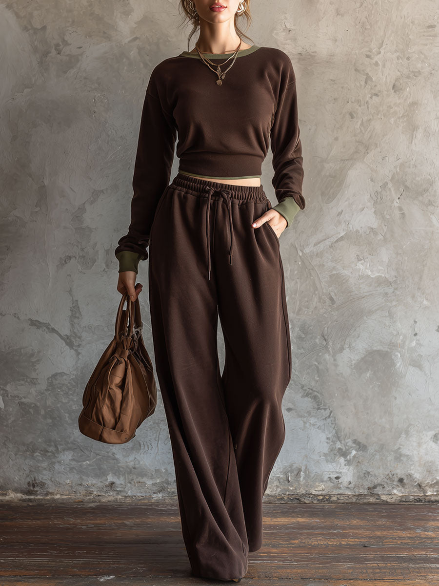 Casual Retro Sporty Chocolate Cotton Crew Neck Sweatshirt And Wide-Leg Pants Set