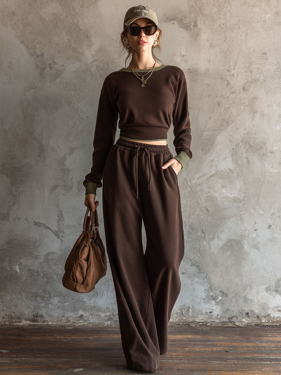 Casual Retro Sporty Chocolate Cotton Crew Neck Sweatshirt And Wide-Leg Pants Set
